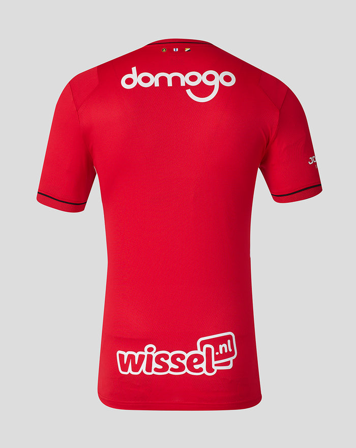 Back view of FC Utrecht home shirt with large domogo logo across upper back and wissel.nl sponsor on lower back.
