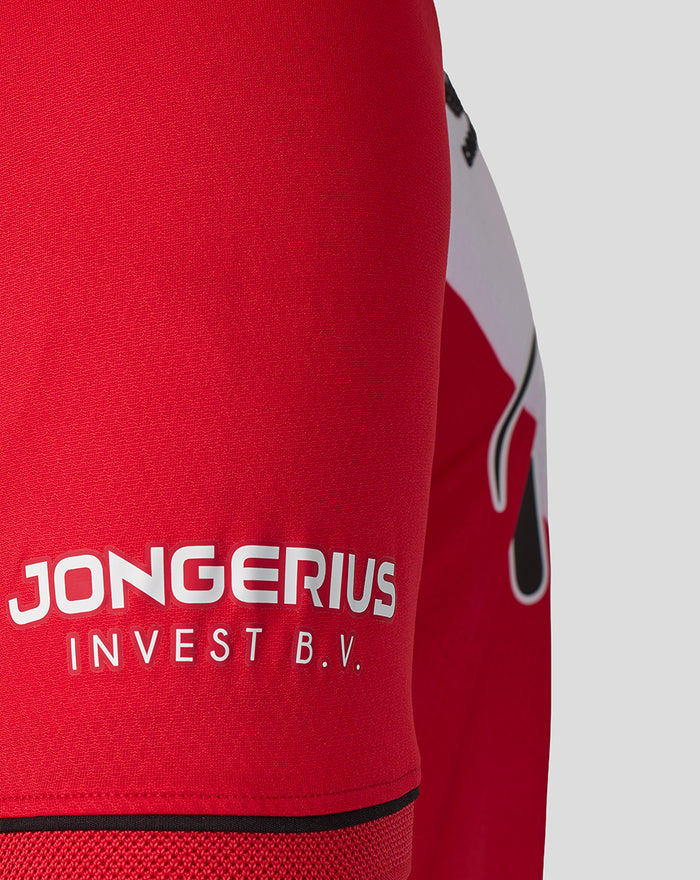 Close-up of red FC Utrecht Pro Thuisshirt 26/27 with Jongerius Invest sponsor text