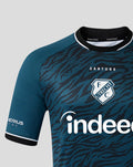 Close-up of FC Utrecht Pro Uitshirt 26/27 front showing tiger pattern crest and Indeed sponsor