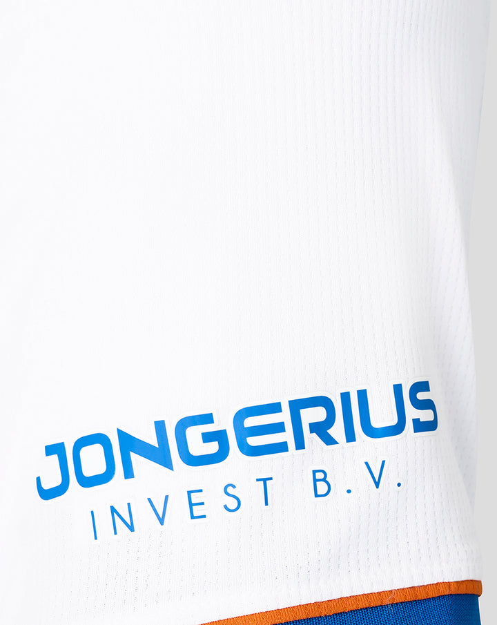 White FC Utrecht third shirt fabric close up with blue Jongerius Invest B.V. logo