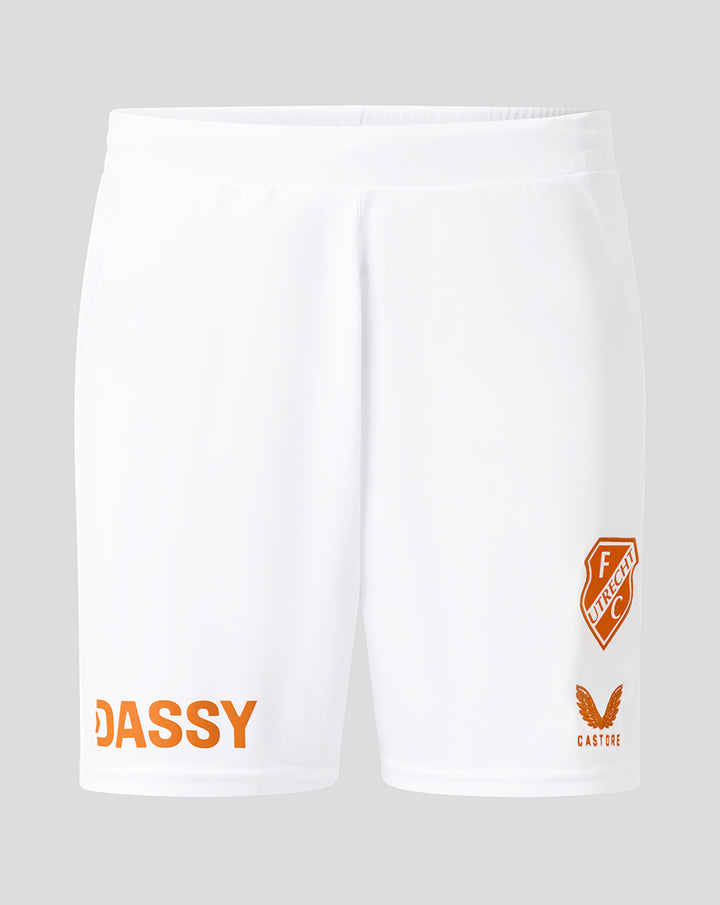 White FC Utrecht third shorts with orange DASSY text and club crest on the right leg