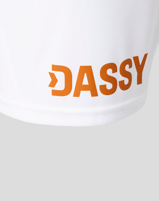 White fabric with bold orange DASSY branding along the hem near the lower edge.