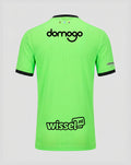 Back view of neon green FC Utrecht keeper shirt with domgo logo on upper back and wissel.nl sponsor on lower back