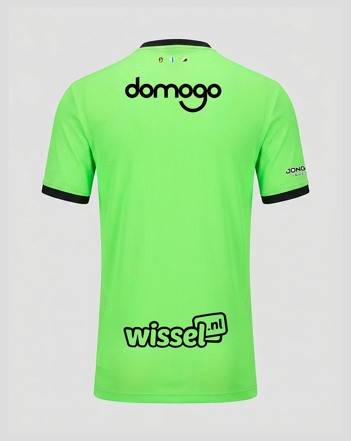Back view of neon green FC Utrecht keeper shirt with domgo logo on upper back and wissel.nl sponsor on lower back