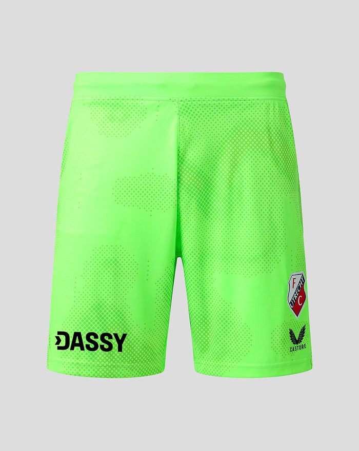 Neon green FC Utrecht keeper shorts with dotted pattern and club crest