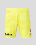 Bright neon yellow keeper shorts with a dotted pattern, featuring the DASSY logo and FC Utrecht crest.