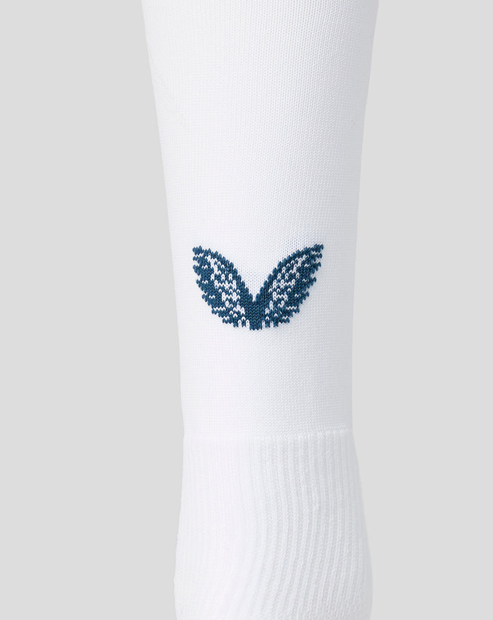 Witte FC Utrecht uitkousen met blauw vleugelachtig logo op het onderbeen