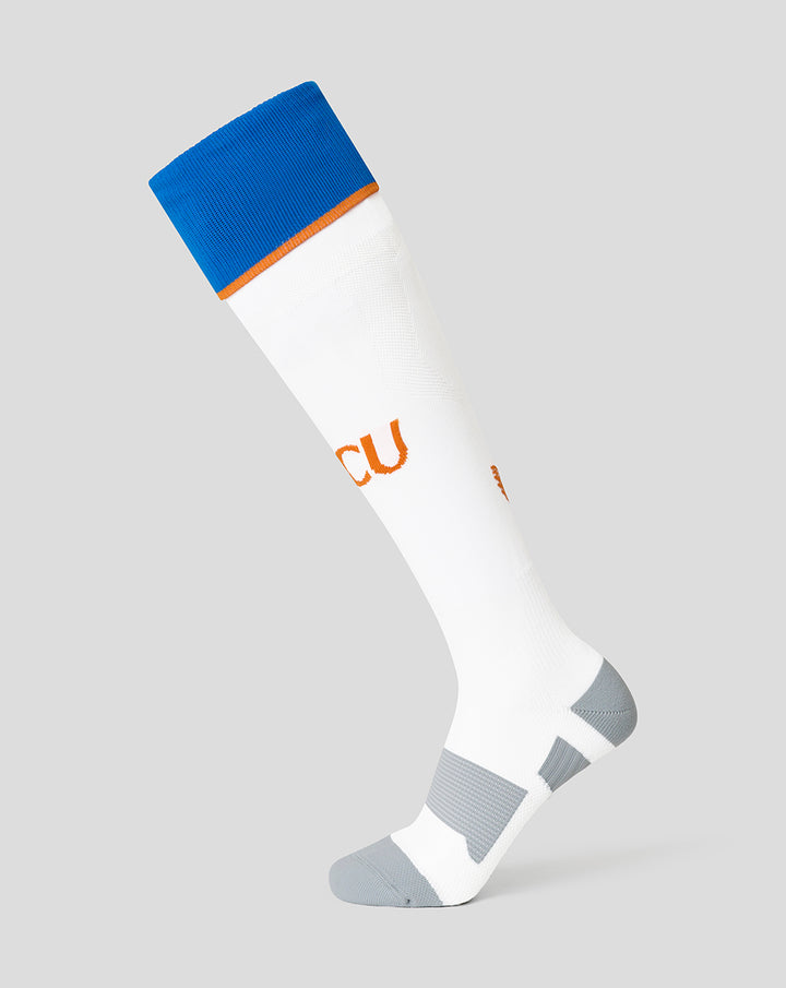 White FC Utrecht third kit sock with blue cuff and orange trim, angled view.
