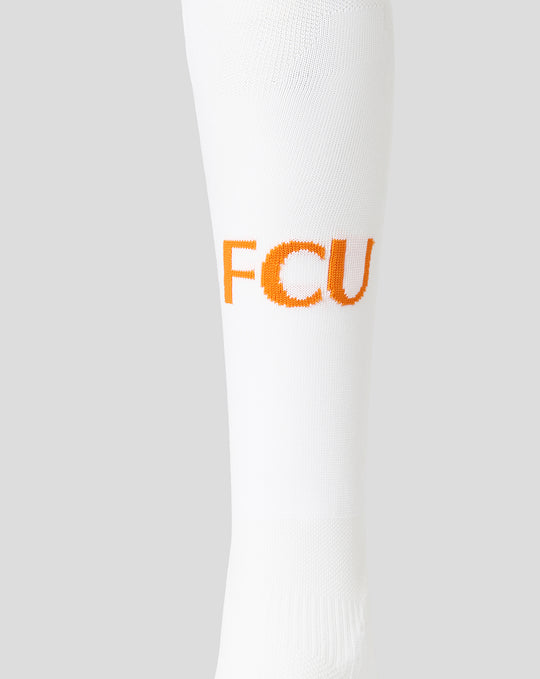 White FC Utrecht third kit sock with orange FCU lettering along the calf.