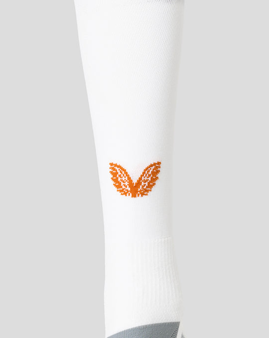 White FC Utrecht third kit sock with orange wing logo on the lower leg.