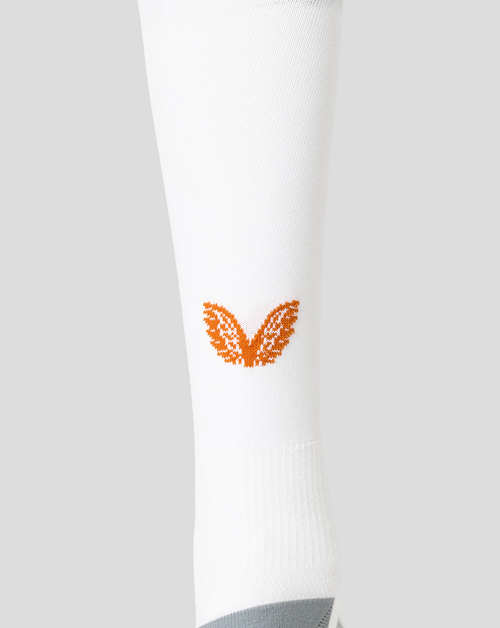 White FC Utrecht third kit sock with orange wing logo on the lower leg.