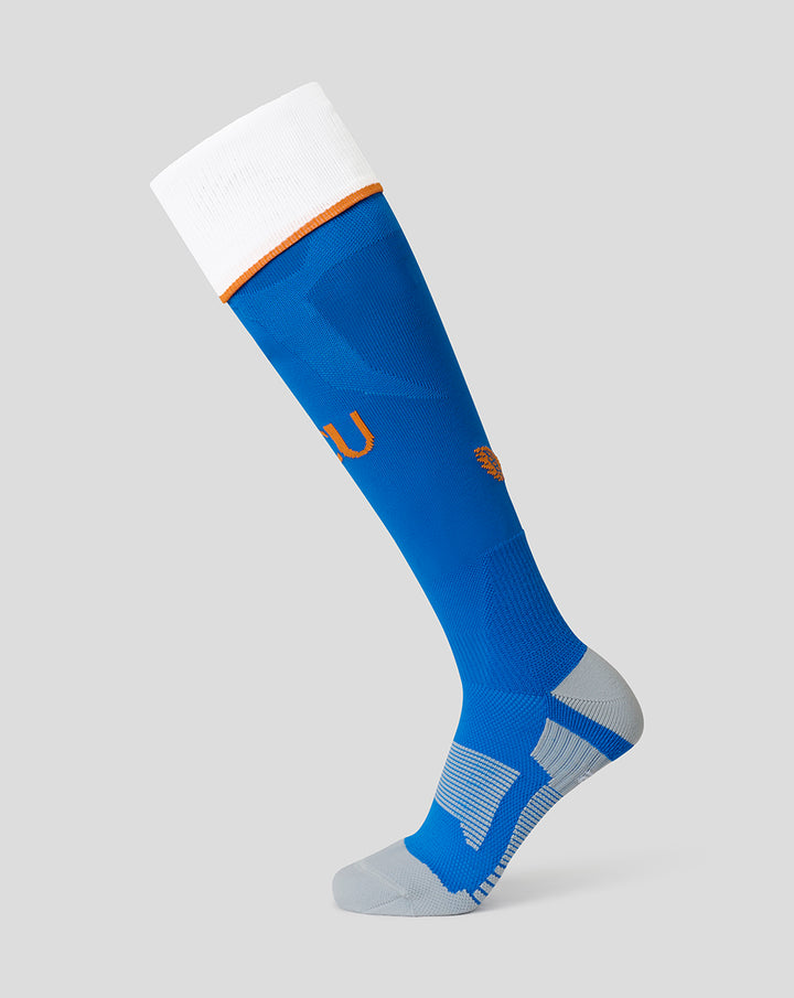 FC Utrecht Derde Alternatieve Kousen blue unisex soccer sock with white cuff orange accents and gray heel and toe