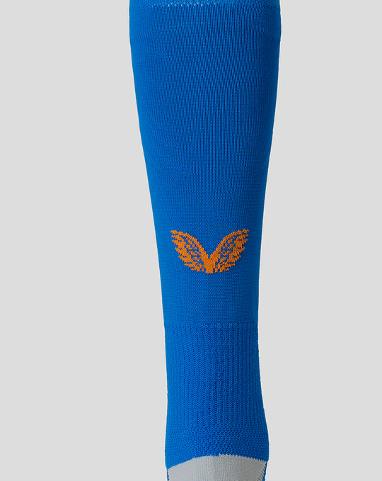 Blue FC Utrecht sock featuring an orange wing logo on the calf and reinforced heel and toe