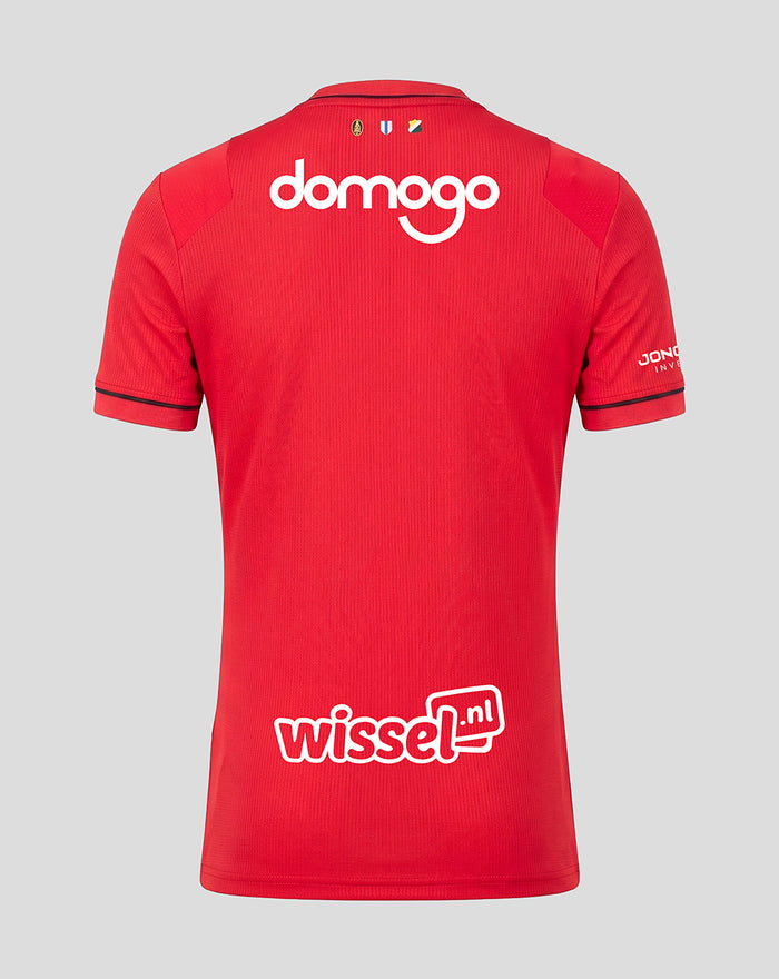 Achterkant van FC Utrecht thuisshirt 26/27 vrouwen rood met domogo op rug en wissel.nl onderaan