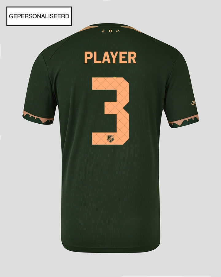 Back view of dark green men's FC Utrecht jersey with peach number 3 and PLAYER on the back.