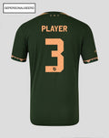 Back view of dark green men's FC Utrecht jersey with peach number 3 and PLAYER on the back.