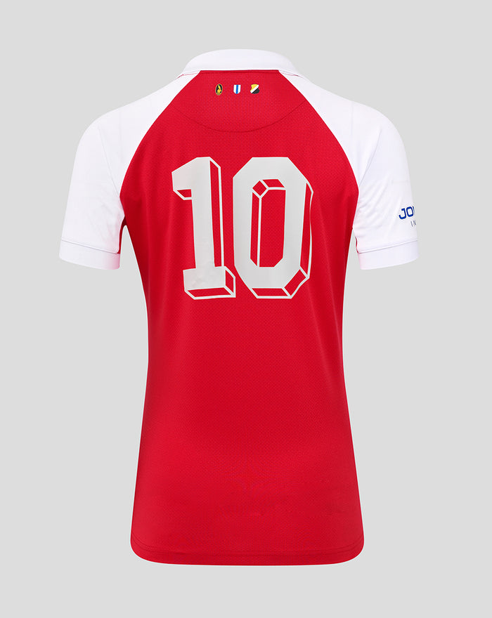 Back view of red FC Utrecht shirt with large white number 10 on the back and white shoulders
