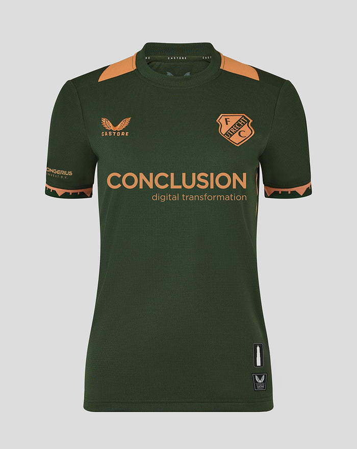Front view of green FC Utrecht women's jersey with orange crest and sponsor text