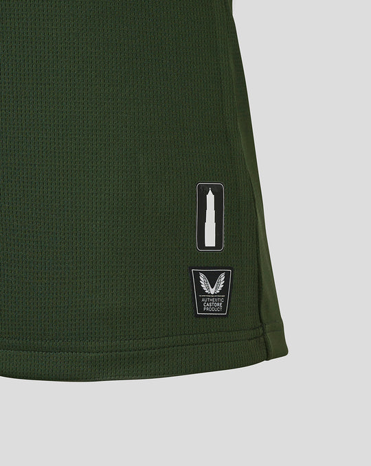 Lower sleeve hem of FC Utrecht Uitshirt 25/26 women in dark green showing a tower badge and Authentic Castore Product patch