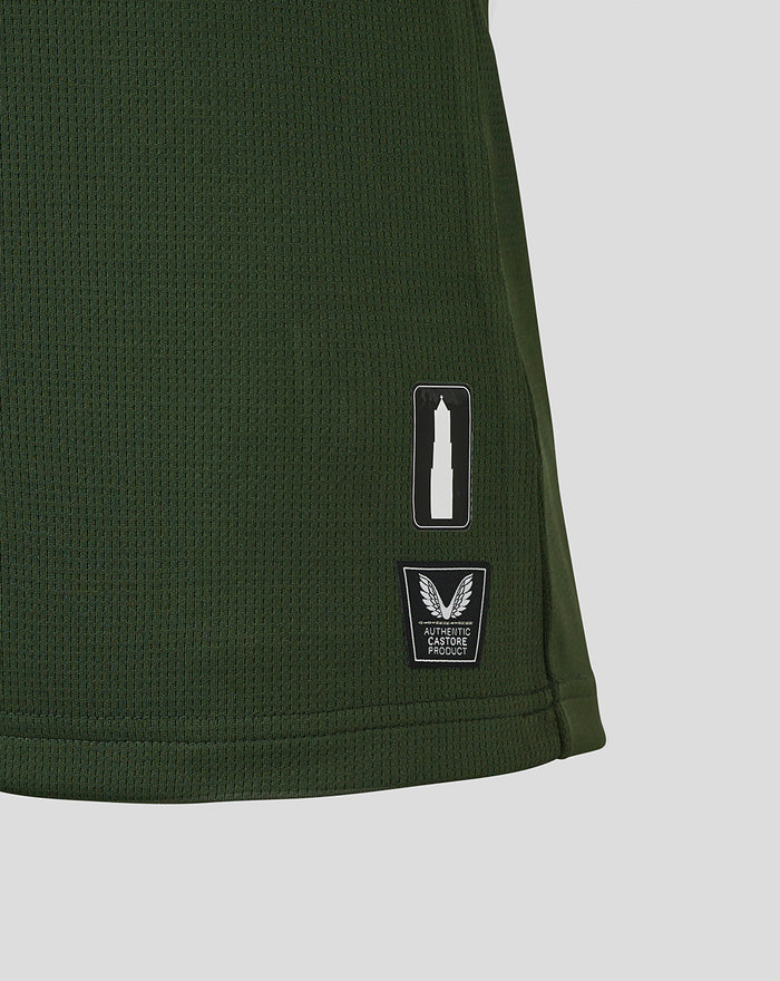 Lower sleeve hem of FC Utrecht Uitshirt 25/26 women in dark green showing a tower badge and Authentic Castore Product patch