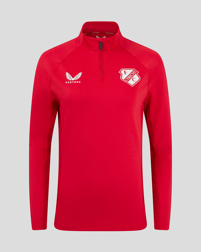 Front view of red FC Utrecht Rise Pro training top for women with white club crest and Castore logo.