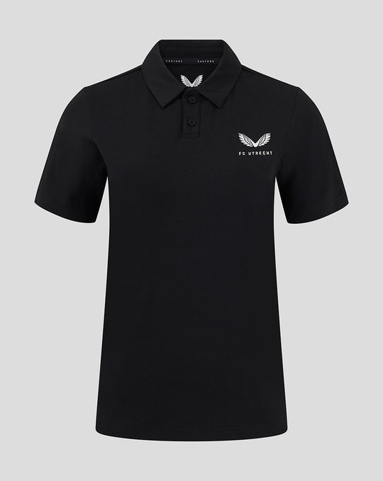 Black FC Utrecht Travel Polo for women with wing logo and FC Utrecht crest on the left chest and two-button placket