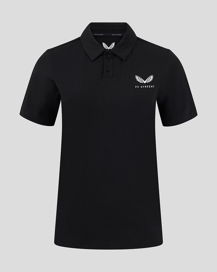 Black FC Utrecht Travel Polo for women with wing logo and FC Utrecht crest on the left chest and two-button placket