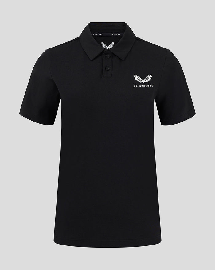 Black FC Utrecht Travel Polo for women with wing logo and FC Utrecht crest on the left chest and two-button placket