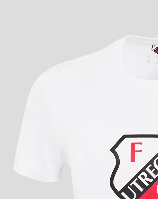 Close up of white FC Utrecht core cotton T-shirt for women showing the collar and partial shield logo.
