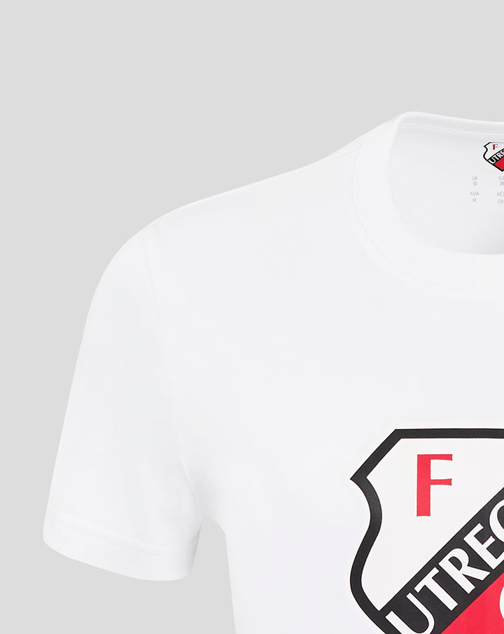 Close up of white FC Utrecht core cotton T-shirt for women showing the collar and partial shield logo.