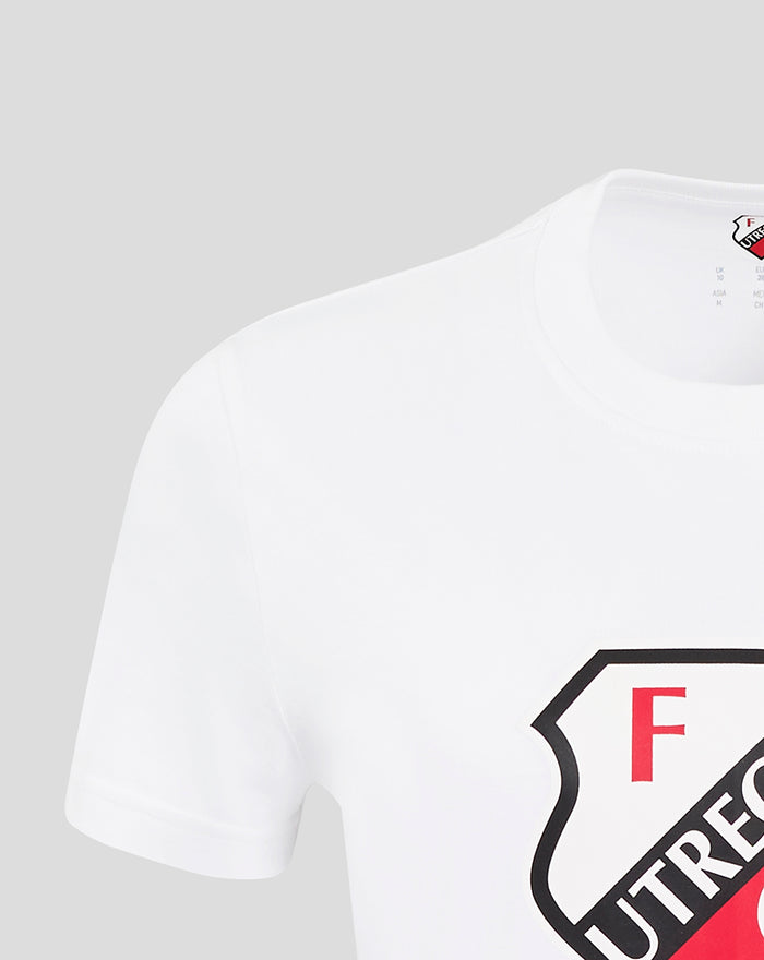 Close up of white FC Utrecht core cotton T-shirt for women showing the collar and partial shield logo.