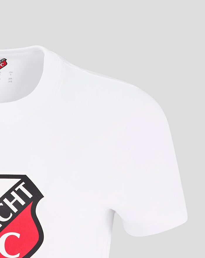 Close up of white FC Utrecht core cotton T-shirt for women featuring the shield logo on the chest.