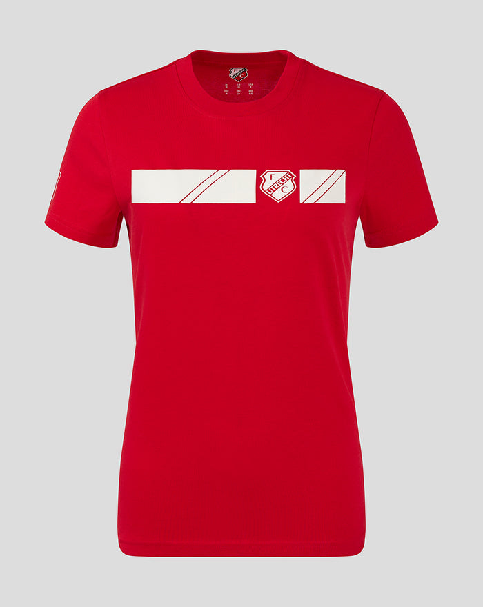 Red FC Utrecht classic cotton T shirt for women with white graphic stripe and crest