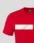 Red FC Utrecht women's T shirt close up showing white rectangular graphic and diagonal stripe across the chest.