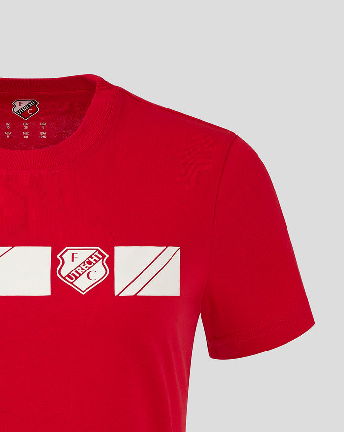 Red FC Utrecht classic cotton T shirt for women with shield crest and white rectangular graphic across the chest.