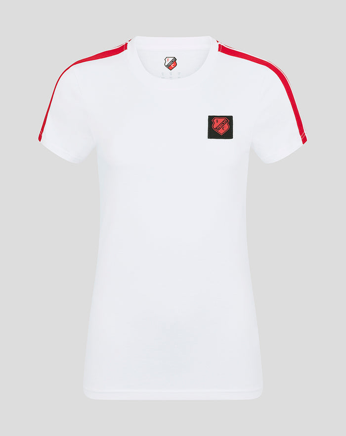 White FC Utrecht Classic T shirt for women with red shoulder stripes and crest on chest