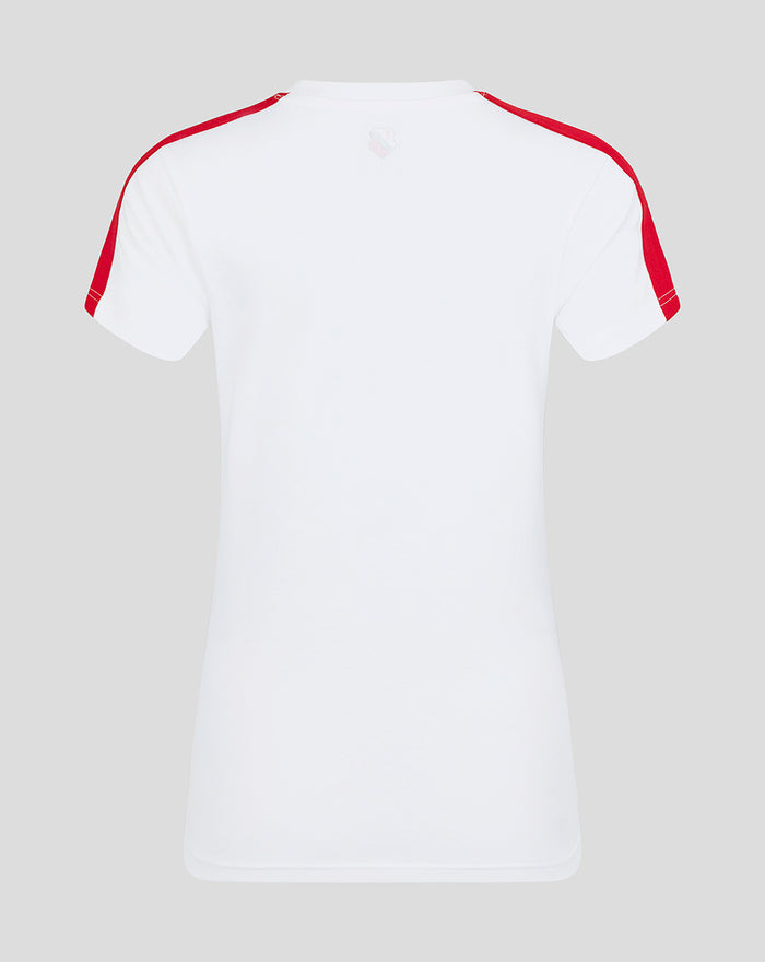 Back view of white FC Utrecht Classic T-Shirt for women with red shoulder stripes.
