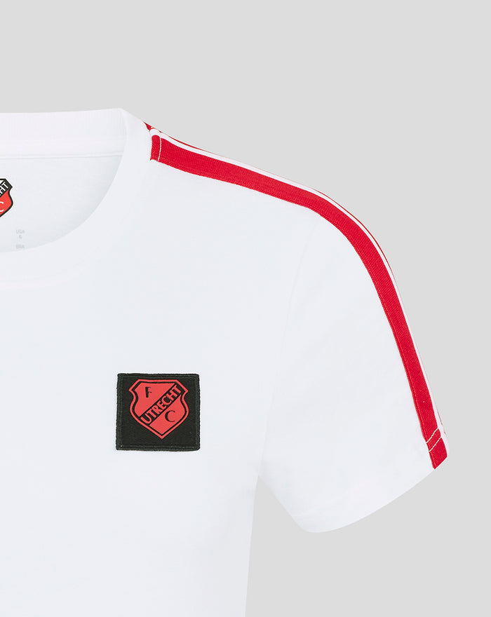 Close up of left chest featuring FC Utrecht crest patch on white women's T-shirt.
