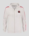 Light gray women's FC Utrecht hoodie with zipper front red stripes on sleeves and small black crest on chest