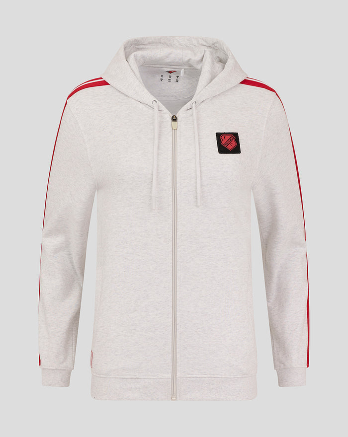 Light gray women's FC Utrecht hoodie with zipper front red stripes on sleeves and small black crest on chest