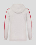 Back view of light gray women's FC Utrecht hoodie with red stripes along sleeves and hood