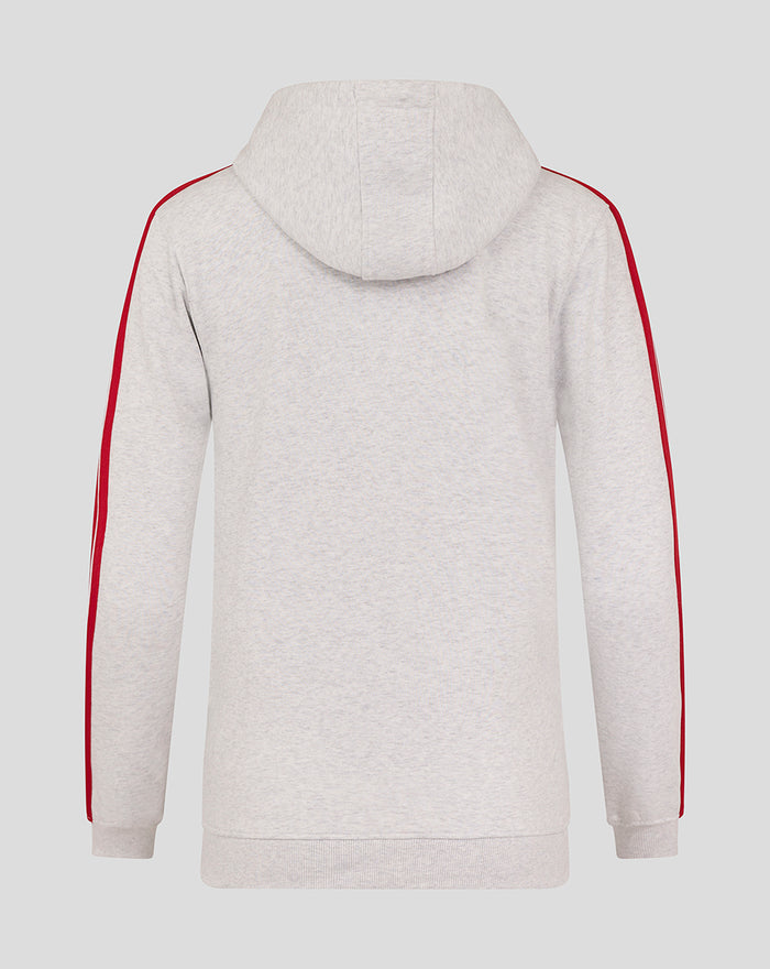 Back view of light gray women's FC Utrecht hoodie with red stripes along sleeves and hood