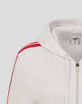 Shoulder and hood details of the grey women's hoodie with a red stripe along the sleeve.