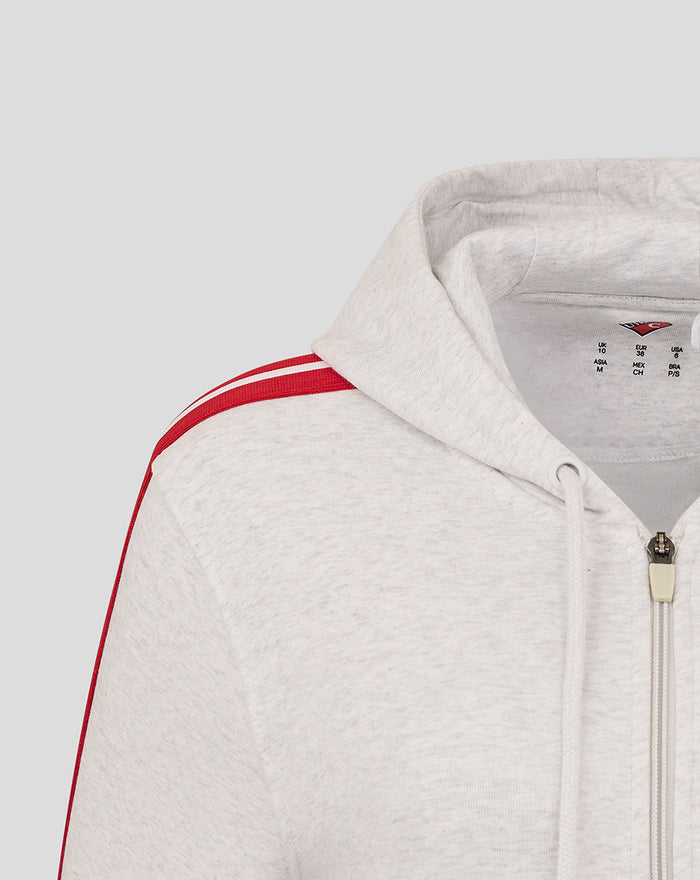 Shoulder and hood details of the grey women's hoodie with a red stripe along the sleeve.