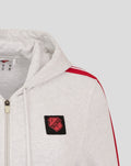 FC Utrecht Classic Hoodie Womens Grey close up with red crest patch on chest and front zipper.