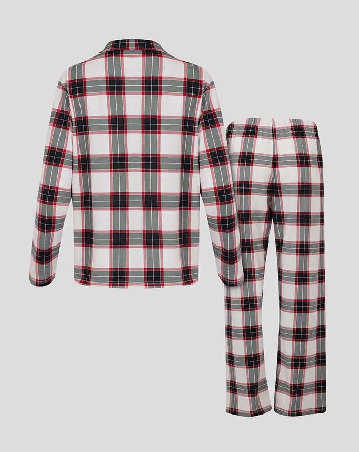 Back view of FC Utrecht women's plaid pajama shirt and long pants in red white and grey plaid