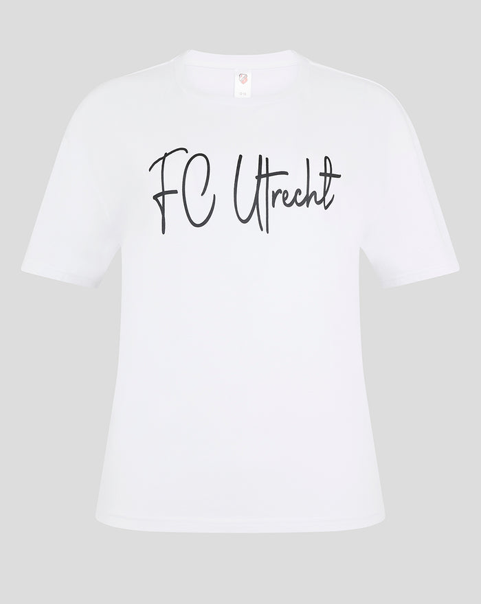 White FC Utrecht T shirt with black script FC Utrecht across the front