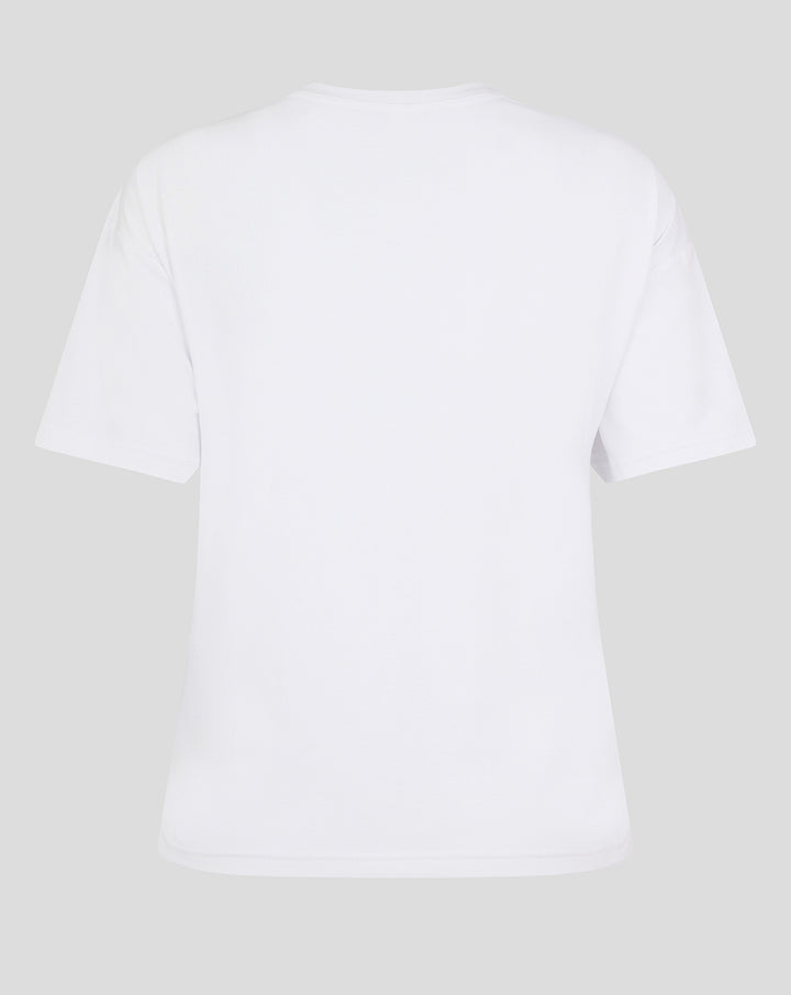 Back view of a plain white T shirt without visible graphics