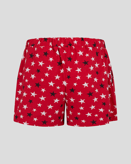 Red pajama shorts with white and black stars pattern