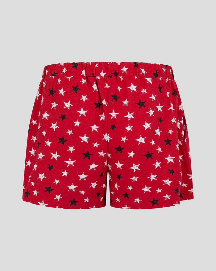 Red pajama shorts with white and black stars pattern